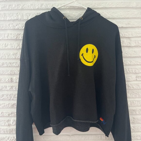 Aviator Nation Smiley 2 Relax Cropped Pullover Hoodie | Sz: Sm | Color: Black - Picture 4 of 10